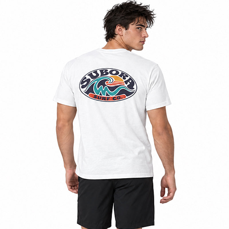 Back view of the Subora Sunwash Tee in White on a male model, showing the retro oval Subora Surf Co. badge back print with a teal wave, orange setting sun and navy lettering