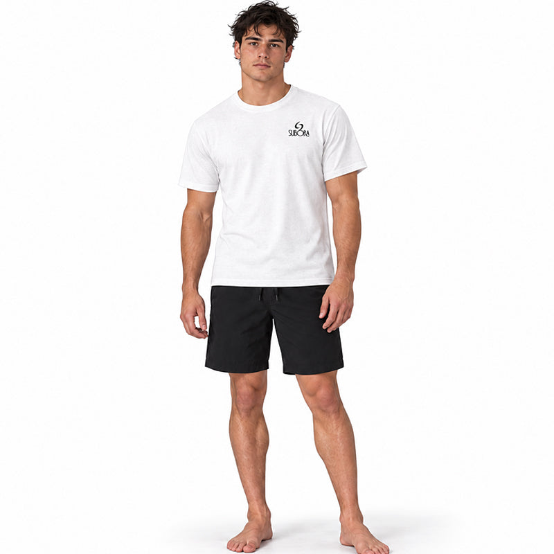 Front view of the Subora Sunwash Tee in White on a male model, showing the black Subora logo chest print