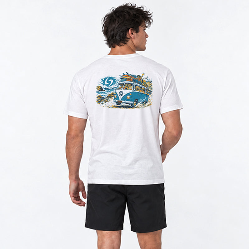 Back view of the Subora Tripp'en Tee in White on a male model, showing the hand-drawn back print of a kombi loaded with surfboards and a crew of mates driving along the coast past a Subora S wave