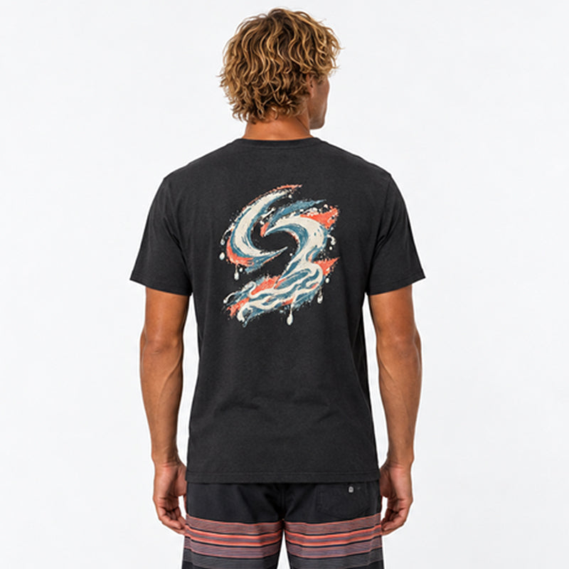 Back view of the Subora Wax Tee in Black on a male model, showing the full-colour dripping wax Subora S back print in cream, blue and coral