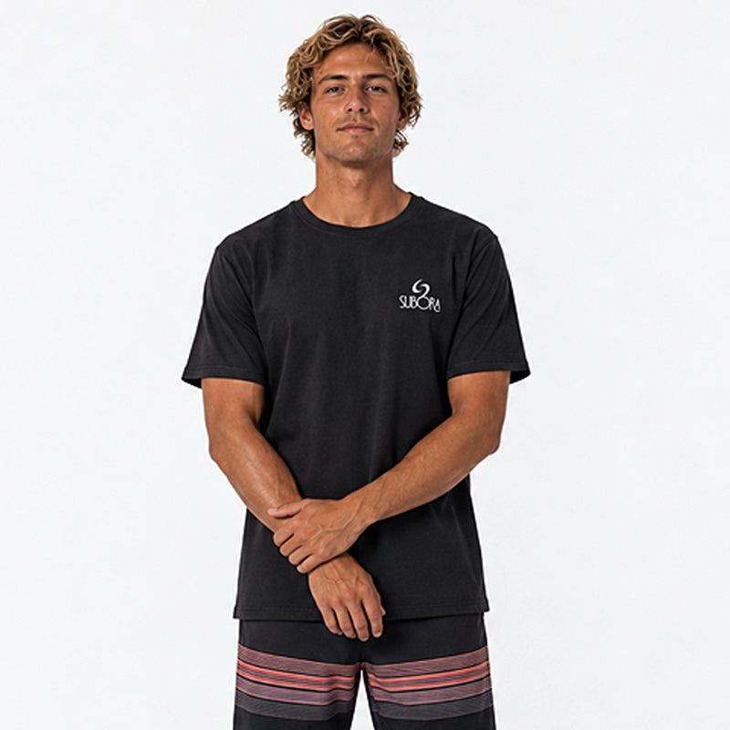 Front view of the Subora Wax Tee in Black on a male model, showing the white Subora logo chest print