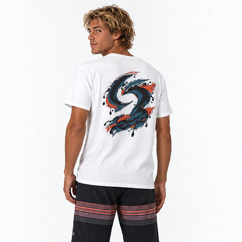 Back view of the Subora Wax Tee in White on a male model, showing the full-colour dripping wax Subora S back print in navy, blue and coral