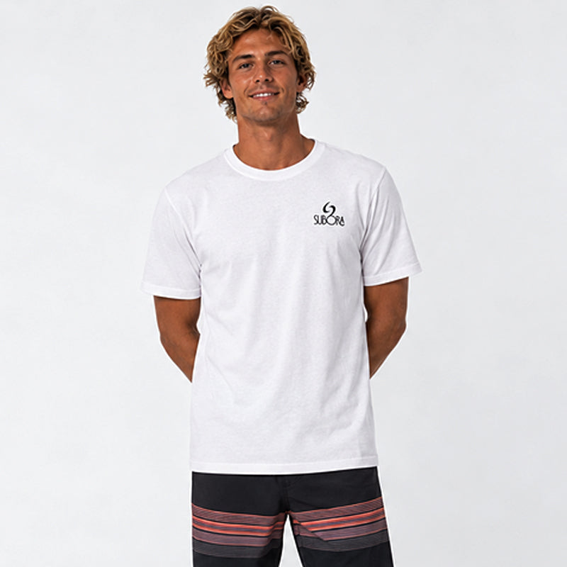 Back view of the Subora Wax Tee in White on a male model, showing the full-colour dripping wax Subora S back print in navy, blue and coral