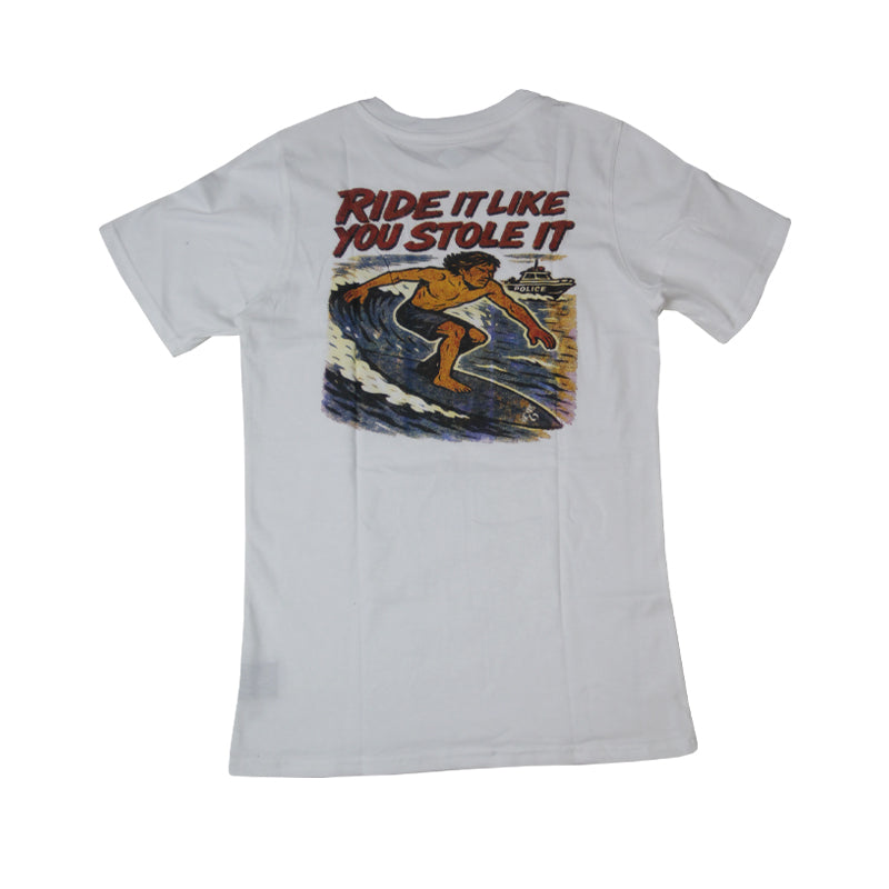 subora, subora surf, Subora Surf Co, Ride like you stole it, ride like you stole it tee, stole it, stole it tee,  living in the moment, shiggles, surf, surfing, beach, swimwear, summer, tshirt, Subora  stole it Tee white, gone surfing, f-it gone surfing, 
