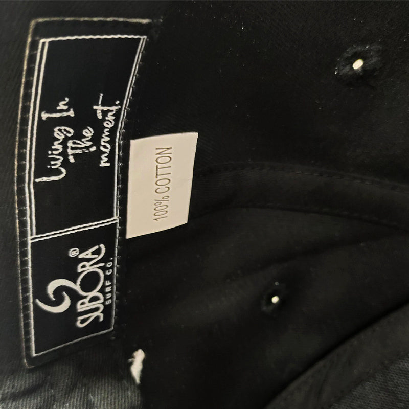 subora, subora surf, subora surf co, living in the moment, 3d embroidery, 3d embroidery can, black cap, Ventura, subora Ventura cap,  surf, surfing, surfwear, swimwear, swimming, summer, headwear,  100$ cotton, chaos on cotton. 