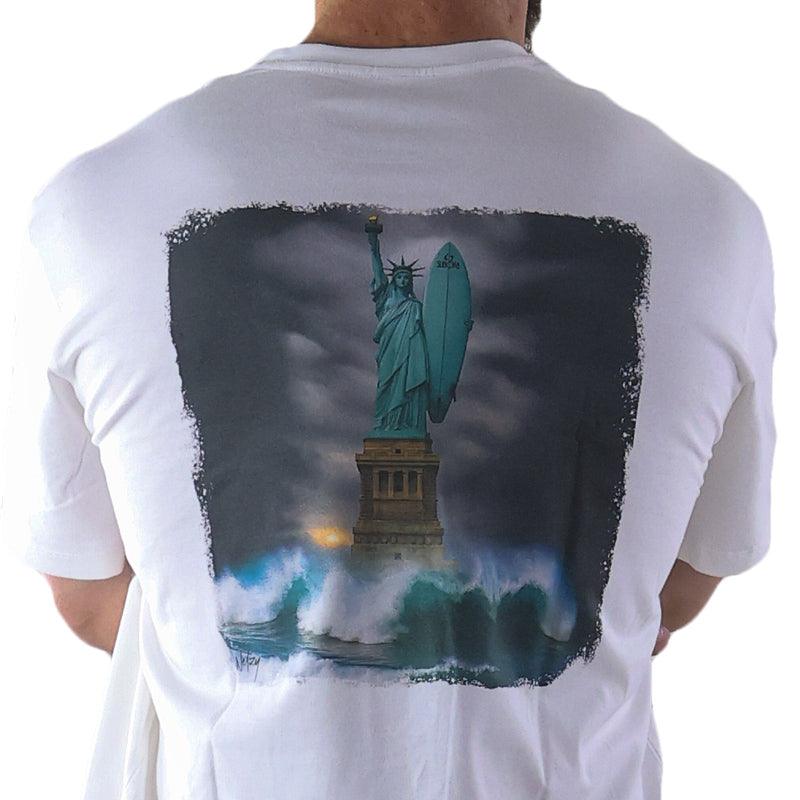 subora, subora surf, Subora Surf Co,  living in the moment, shiggles, surf, surfing, beach, swimwear, summer, tshirt, Subora  Welzy, Chaos on cotton, statue, Statue of Liberty, Liberty, Tee, 