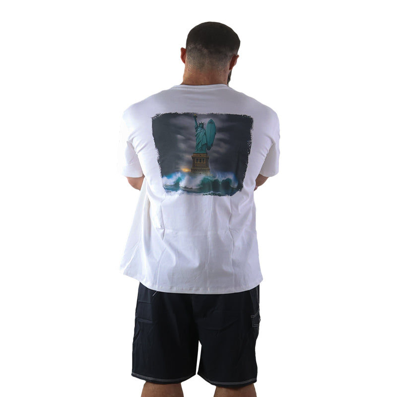 subora, subora surf, Subora Surf Co,  living in the moment, shiggles, surf, surfing, beach, swimwear, summer, tshirt, Subora  Welzy, Chaos on cotton, statue, Statue of Liberty, Liberty, Tee, 