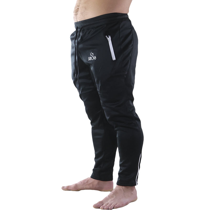 Subora Mirabilis Track Pants., performance surf track pants, athletic stretch track pants, moisture wicking track pants track pants for surfers, surf warm up track pants, lightweight performance pants gym and beach track pants, 
wet-ready athletic track pants, Subora performance track pants, Living in the moment, high performance athletic, BLACK