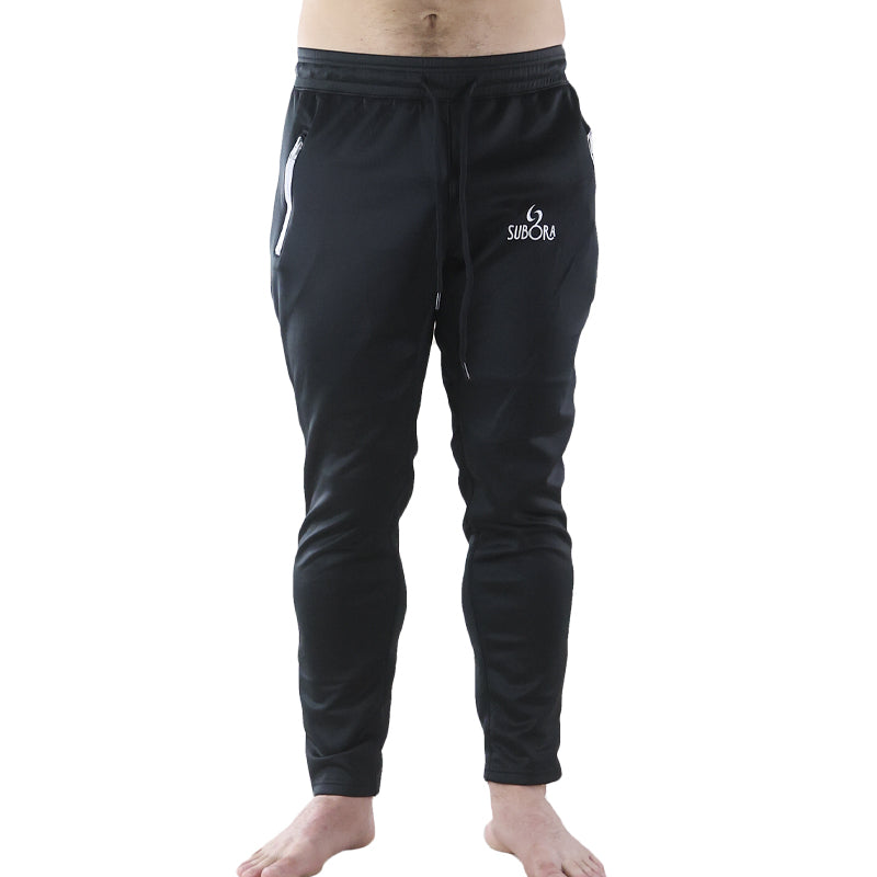 Subora Mirabilis Track Pants., performance surf track pants, athletic stretch track pants, moisture wicking track pants track pants for surfers, surf warm up track pants, lightweight performance pants gym and beach track pants, 
wet-ready athletic track pants, Subora performance track pants, Living in the moment, high performance athletic, BLACK