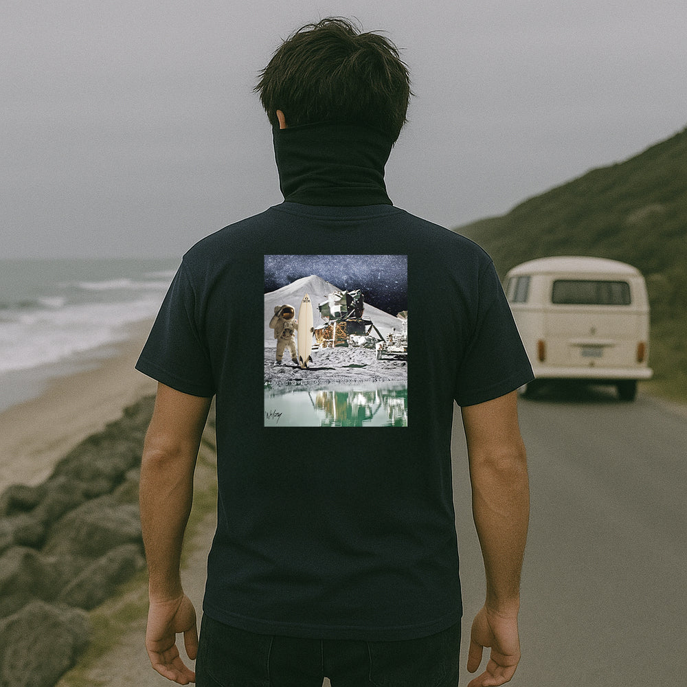 subora, subora surf, subora surf co, surf, tshirt, black tshirt, welzy, Welzy, living in the moment, moonlanding, moonlanding tshirt, moonlanding tee, shiggles, Welzy, Chaos on cotton,  